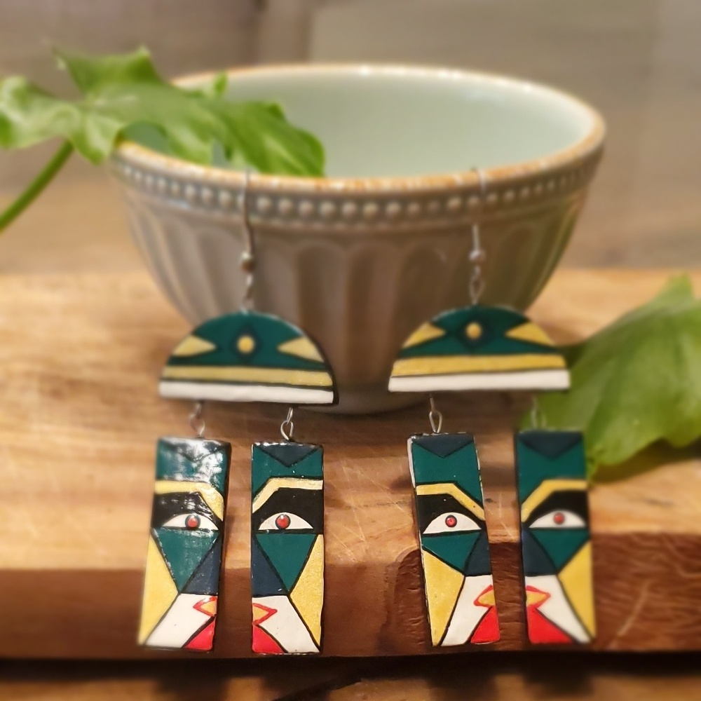Vintage hand-crafted multi-colored wooden earrings